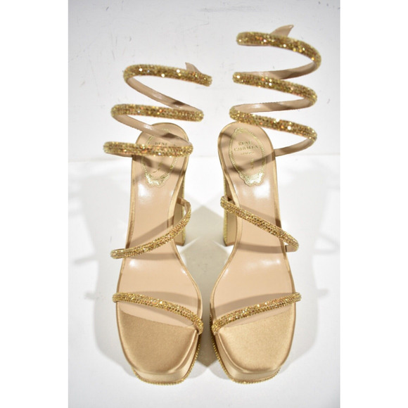 Rene Caovilla Cleo Gold Platform Crystal Wrap Strap Sandal Block Heel Pump 38 - Picture 7 of 12